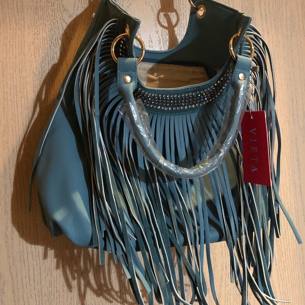 💙Sasha Vieta Aqua Vegan Leather Fringe Bag - Picture 6 of 16